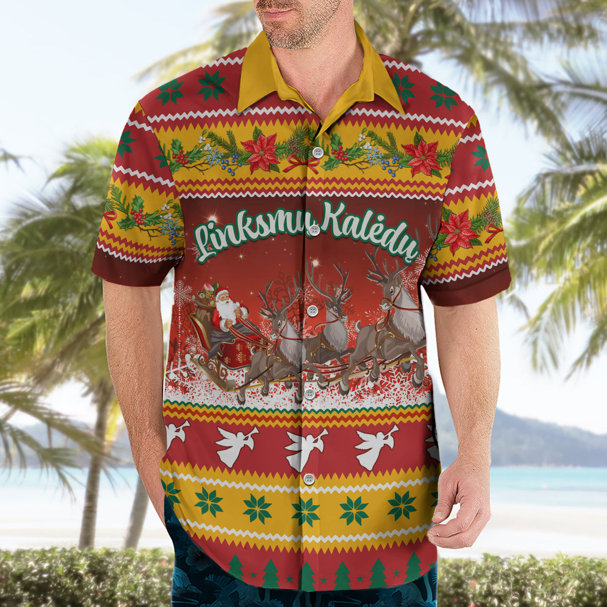 Custom Lithuania Christmas Hawaiian Shirt Lietuva Santa Claus With Reindeer - Wonder Print Shop