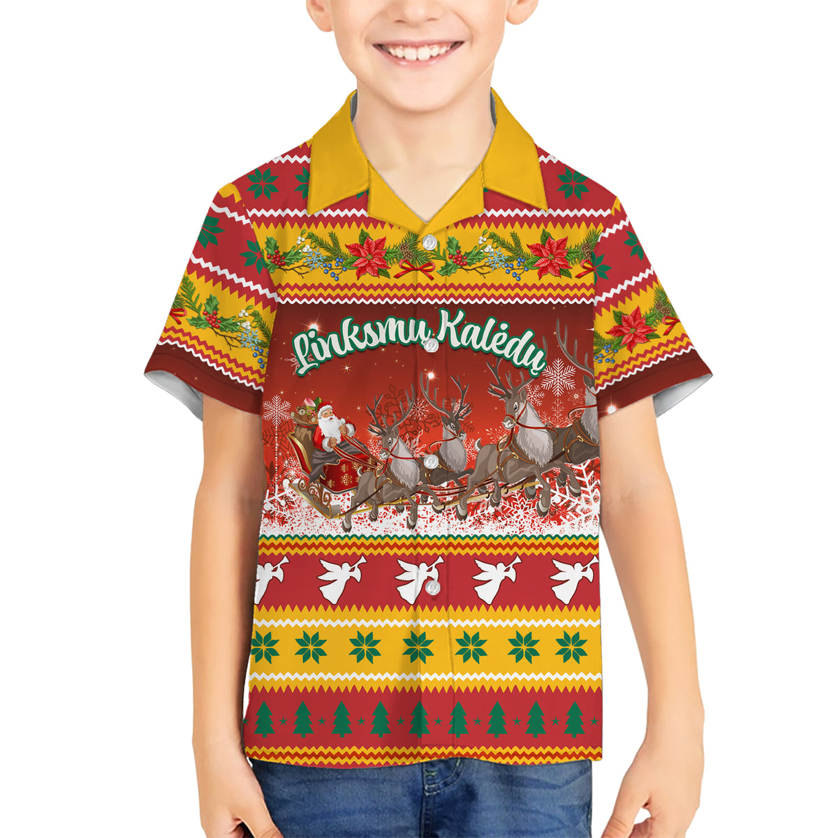 Custom Lithuania Christmas Kid Hawaiian Shirt Lietuva Santa Claus With Reindeer - Wonder Print Shop