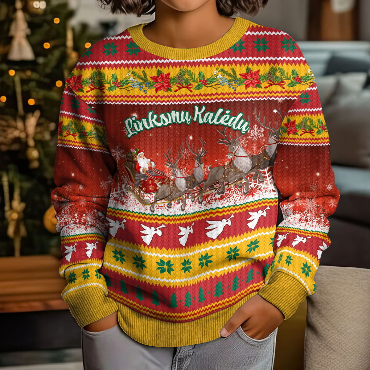 Custom Lithuania Christmas Kid Ugly Christmas Sweater Lietuva Santa Claus With Reindeer - Wonder Print Shop