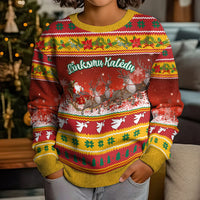 Custom Lithuania Christmas Kid Ugly Christmas Sweater Lietuva Santa Claus With Reindeer - Wonder Print Shop