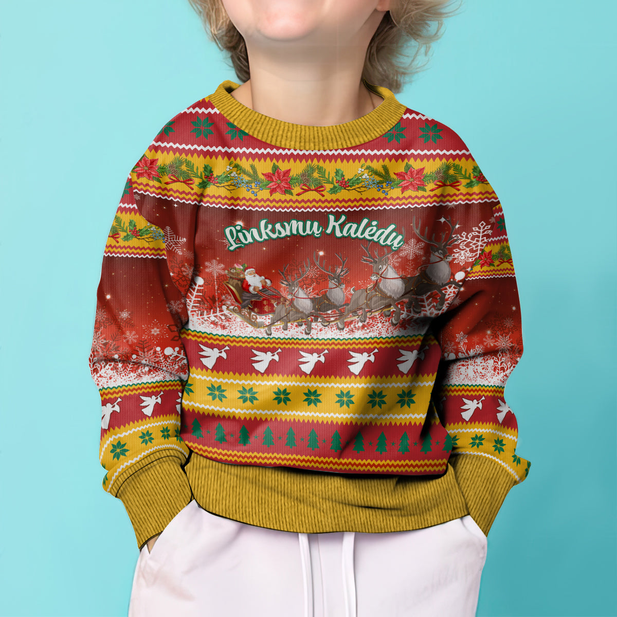 Custom Lithuania Christmas Kid Ugly Christmas Sweater Lietuva Santa Claus With Reindeer - Wonder Print Shop