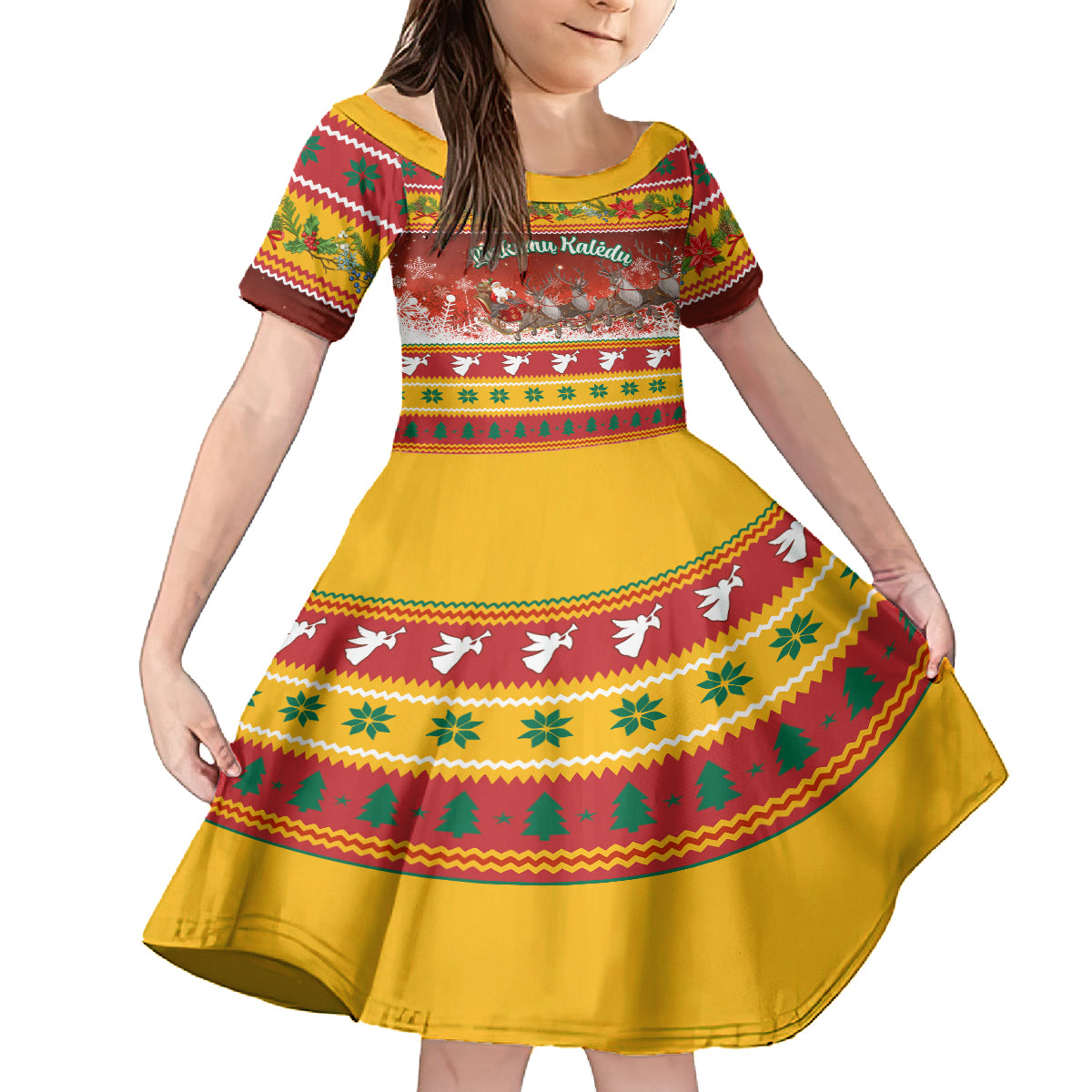 Custom Lithuania Christmas Kid Short Sleeve Dress Lietuva Santa Claus With Reindeer - Wonder Print Shop