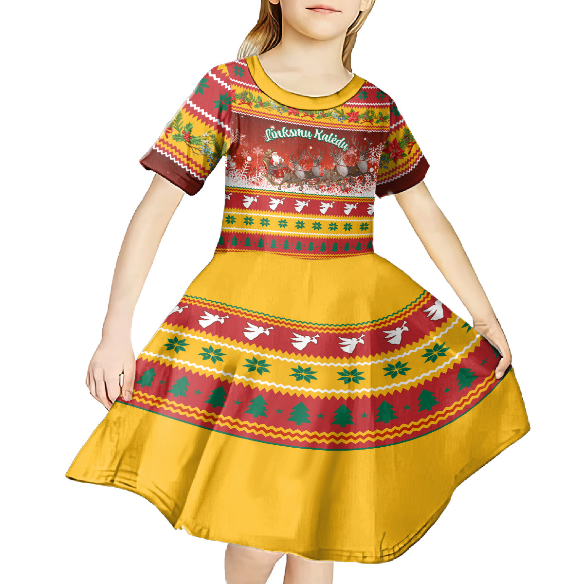 Custom Lithuania Christmas Kid Short Sleeve Dress Lietuva Santa Claus With Reindeer - Wonder Print Shop