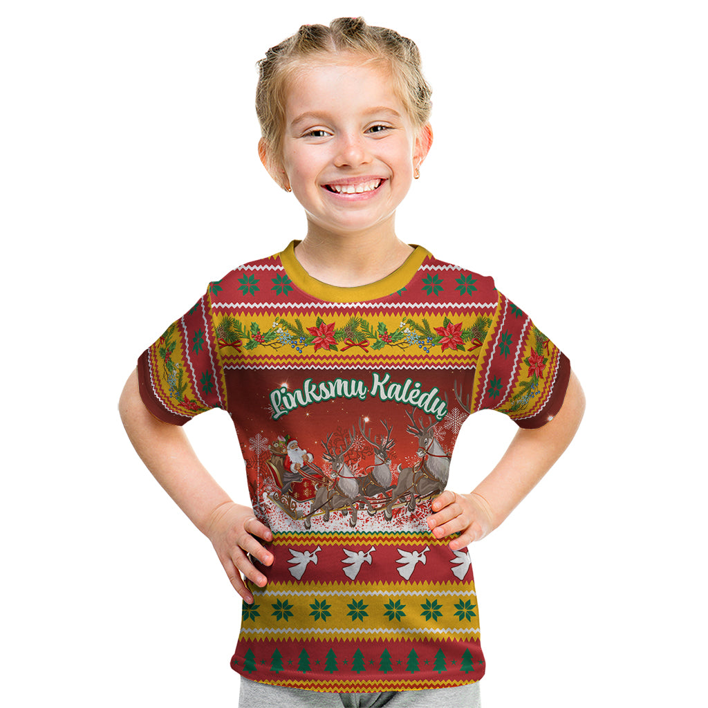 Custom Lithuania Christmas Kid T Shirt Lietuva Santa Claus With Reindeer - Wonder Print Shop