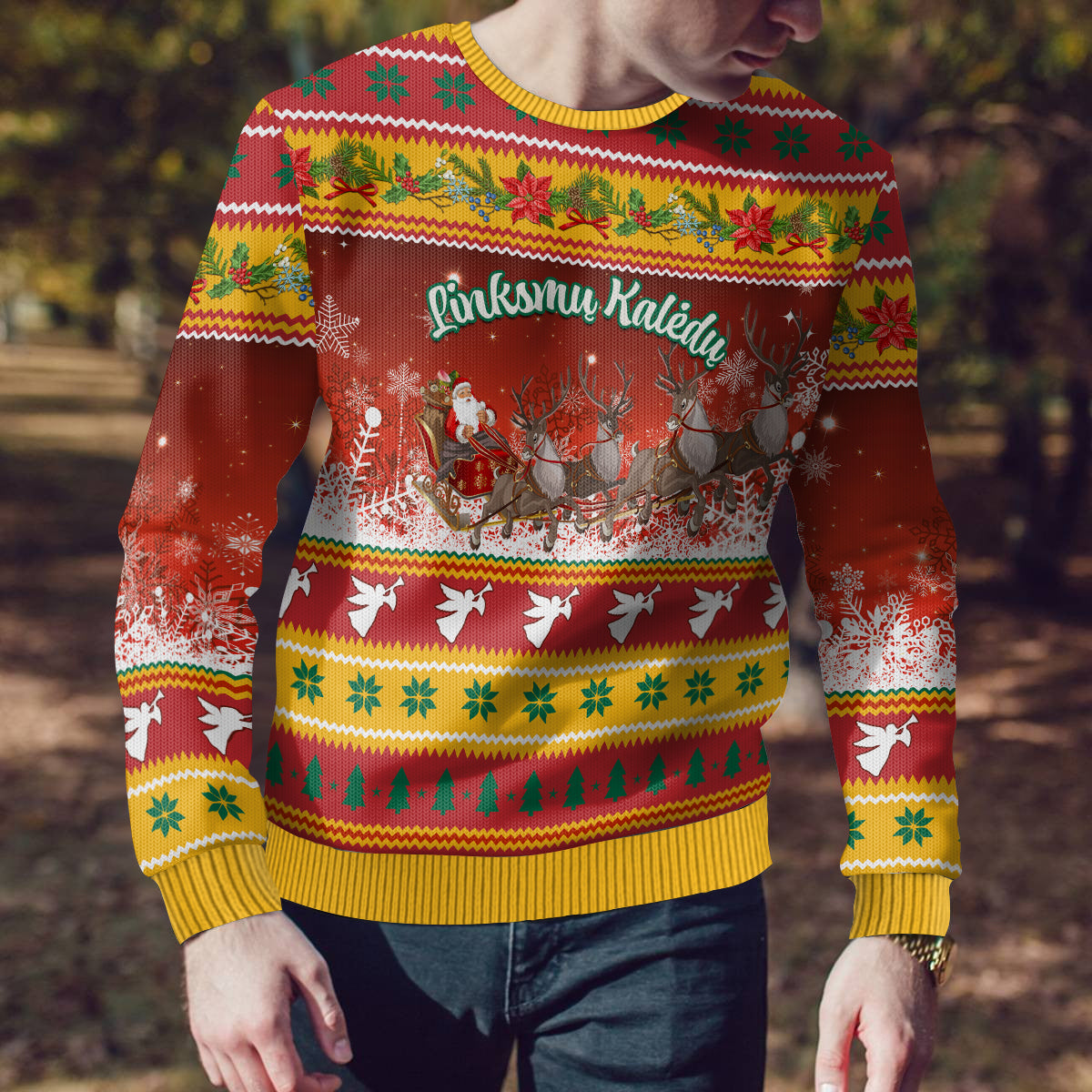 Custom Lithuania Christmas Ugly Christmas Sweater Lietuva Santa Claus With Reindeer - Wonder Print Shop