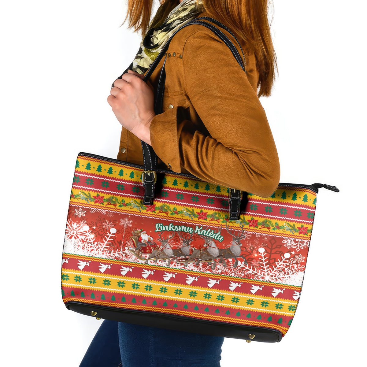Custom Lithuania Christmas Leather Tote Bag Lietuva Santa Claus With Reindeer - Wonder Print Shop