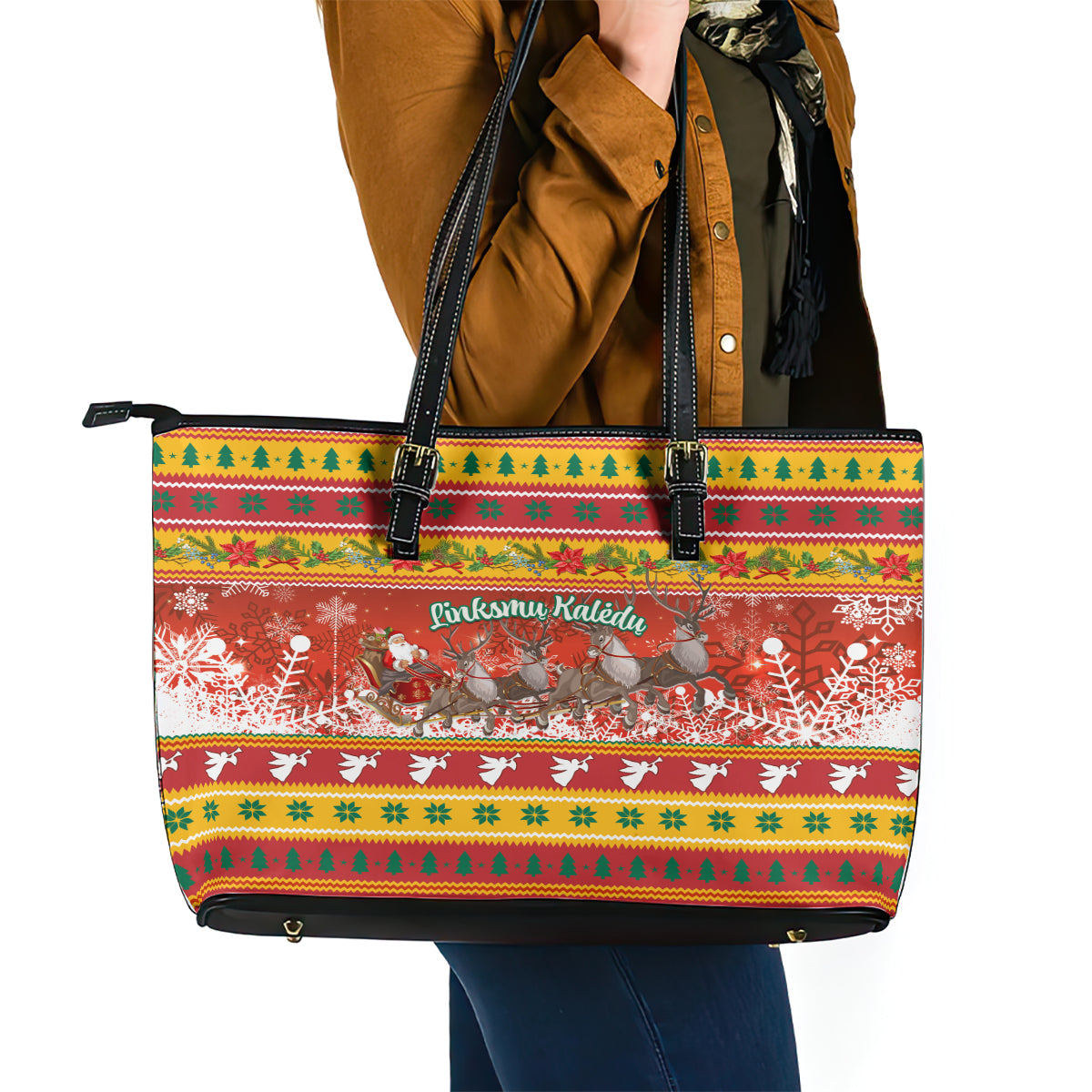 Custom Lithuania Christmas Leather Tote Bag Lietuva Santa Claus With Reindeer - Wonder Print Shop