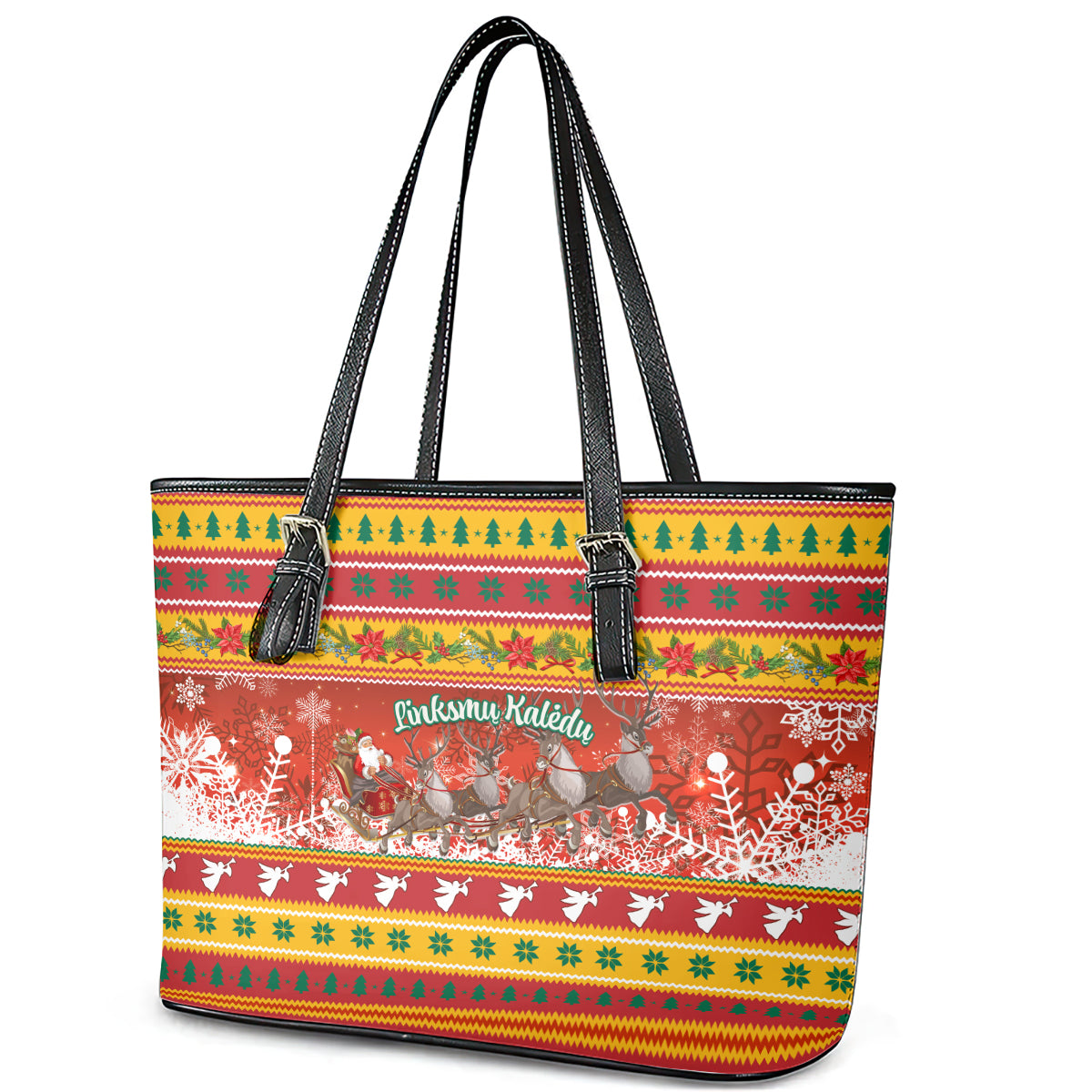 Custom Lithuania Christmas Leather Tote Bag Lietuva Santa Claus With Reindeer - Wonder Print Shop