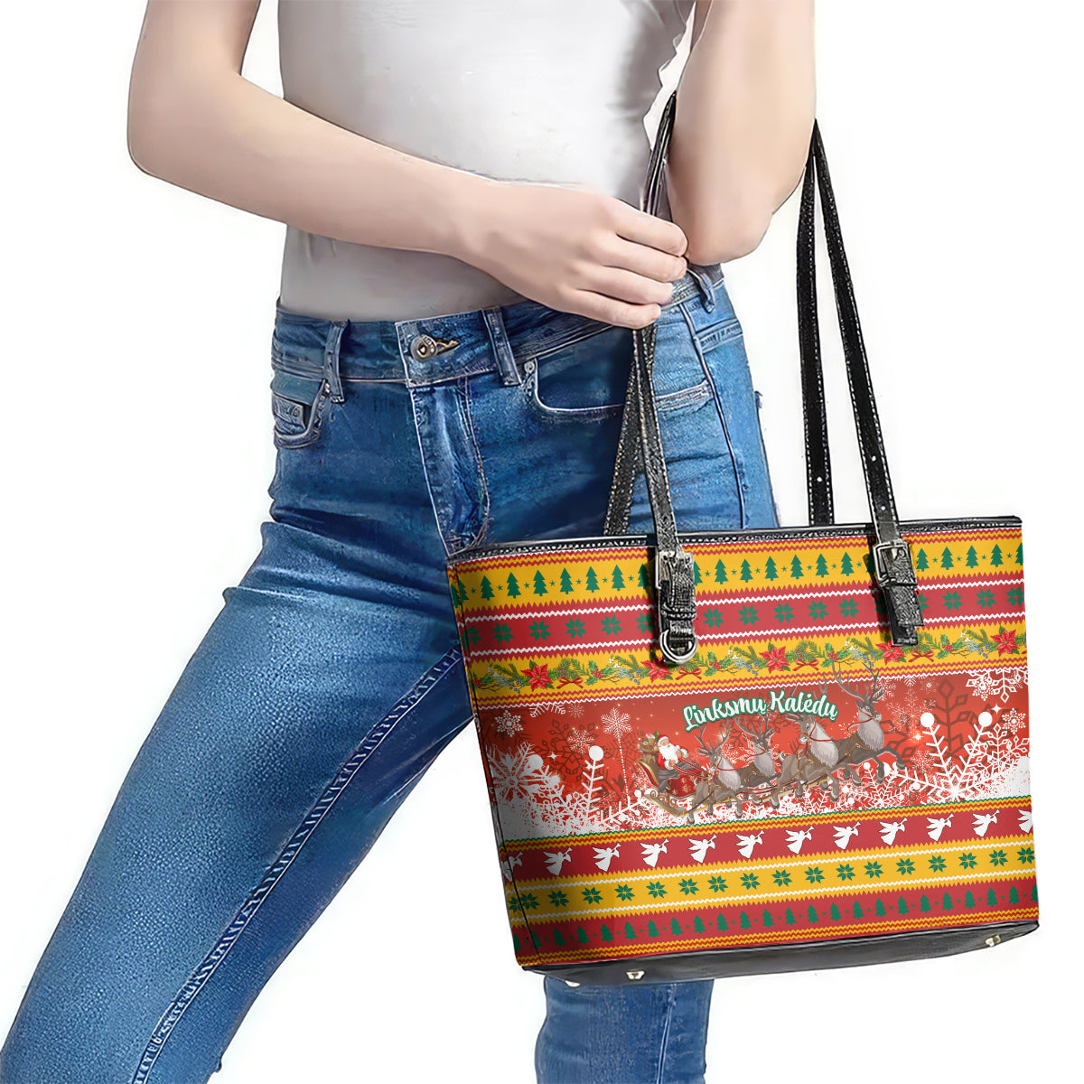 Custom Lithuania Christmas Leather Tote Bag Lietuva Santa Claus With Reindeer - Wonder Print Shop