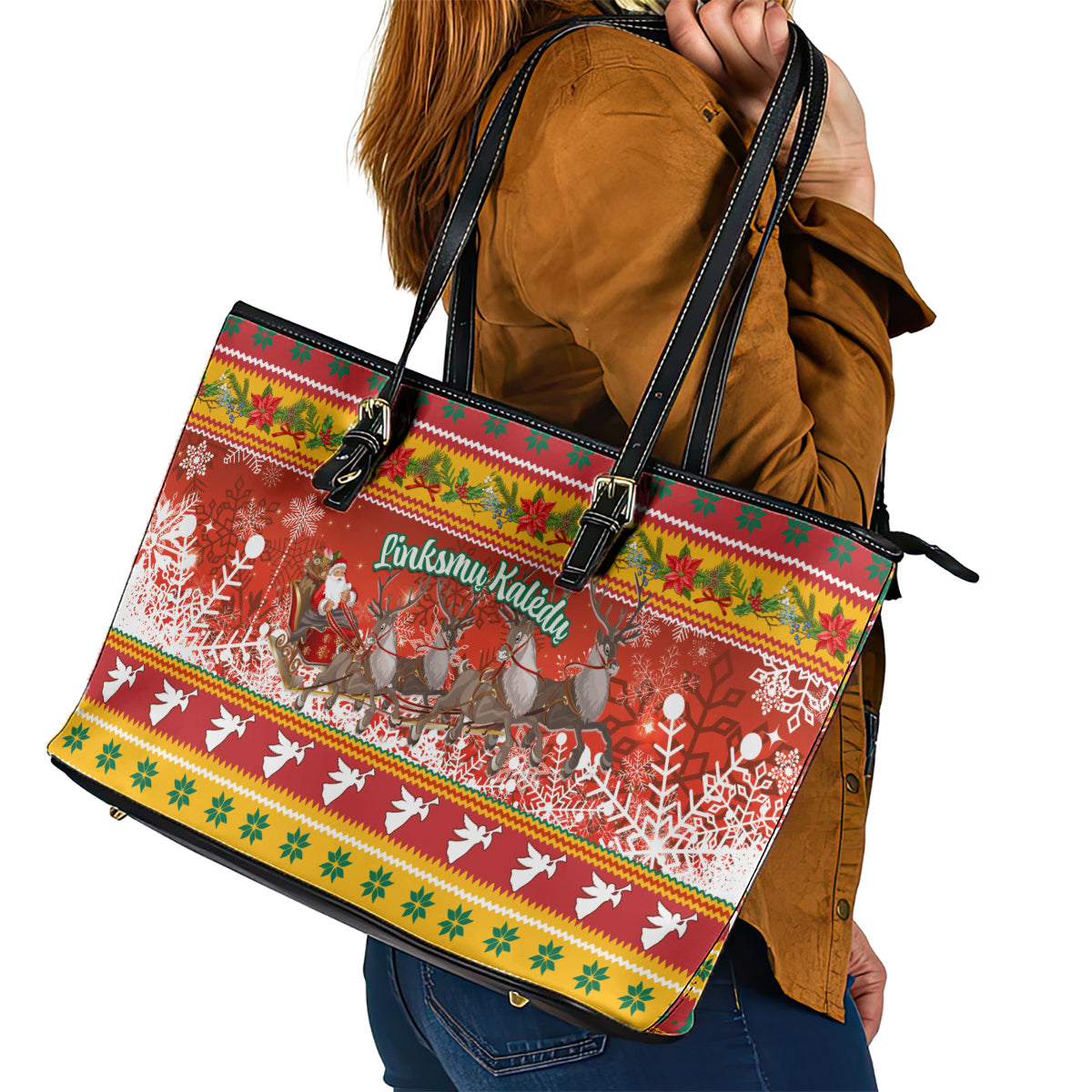 Custom Lithuania Christmas Leather Tote Bag Lietuva Santa Claus With Reindeer - Wonder Print Shop