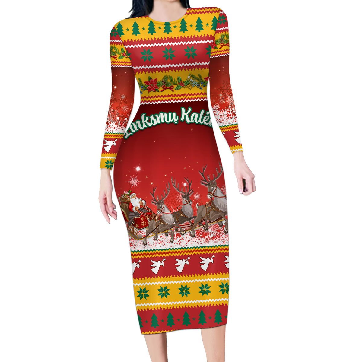 Custom Lithuania Christmas Long Sleeve Bodycon Dress Lietuva Santa Claus With Reindeer - Wonder Print Shop