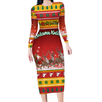 Custom Lithuania Christmas Long Sleeve Bodycon Dress Lietuva Santa Claus With Reindeer - Wonder Print Shop