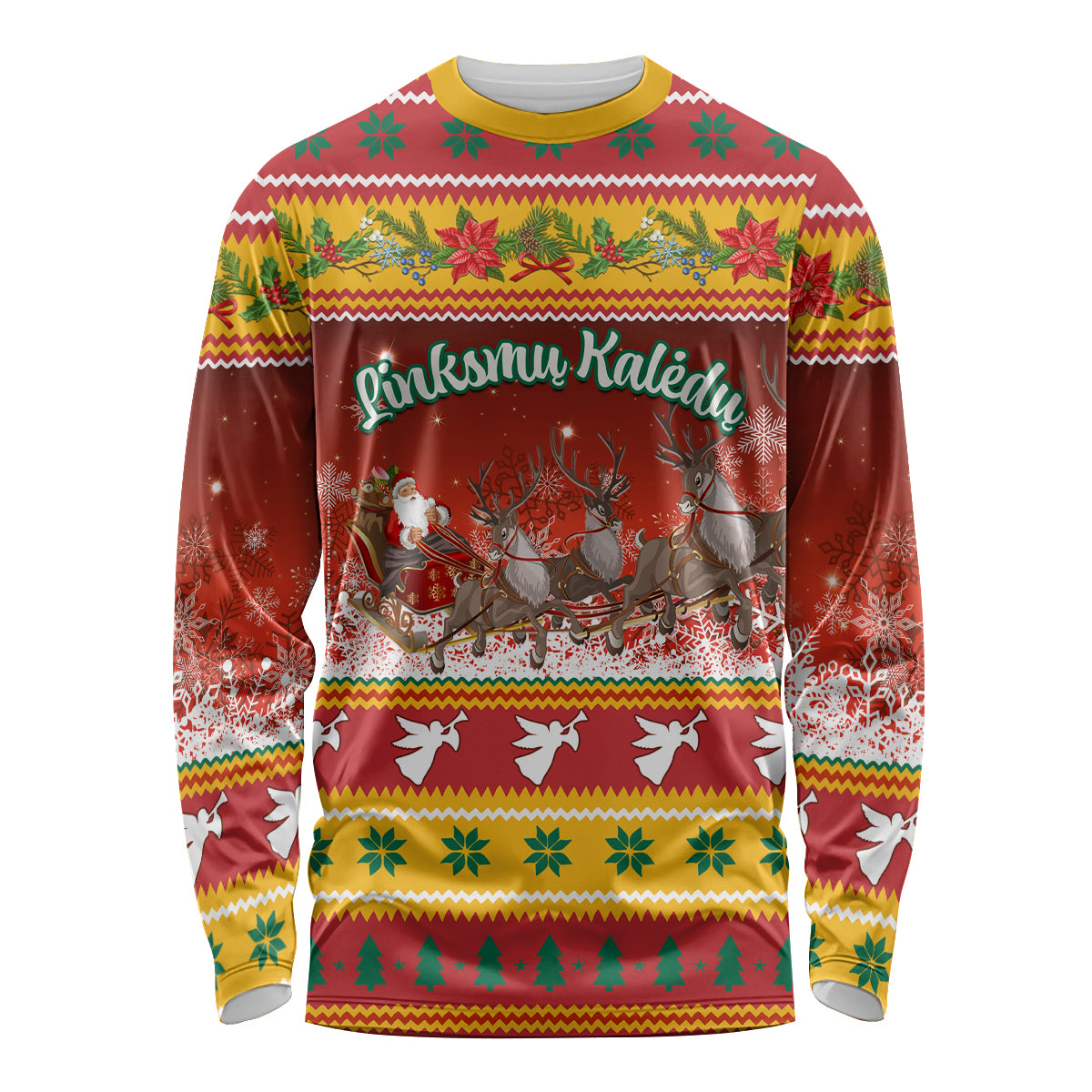 Custom Lithuania Christmas Long Sleeve Shirt Lietuva Santa Claus With Reindeer - Wonder Print Shop