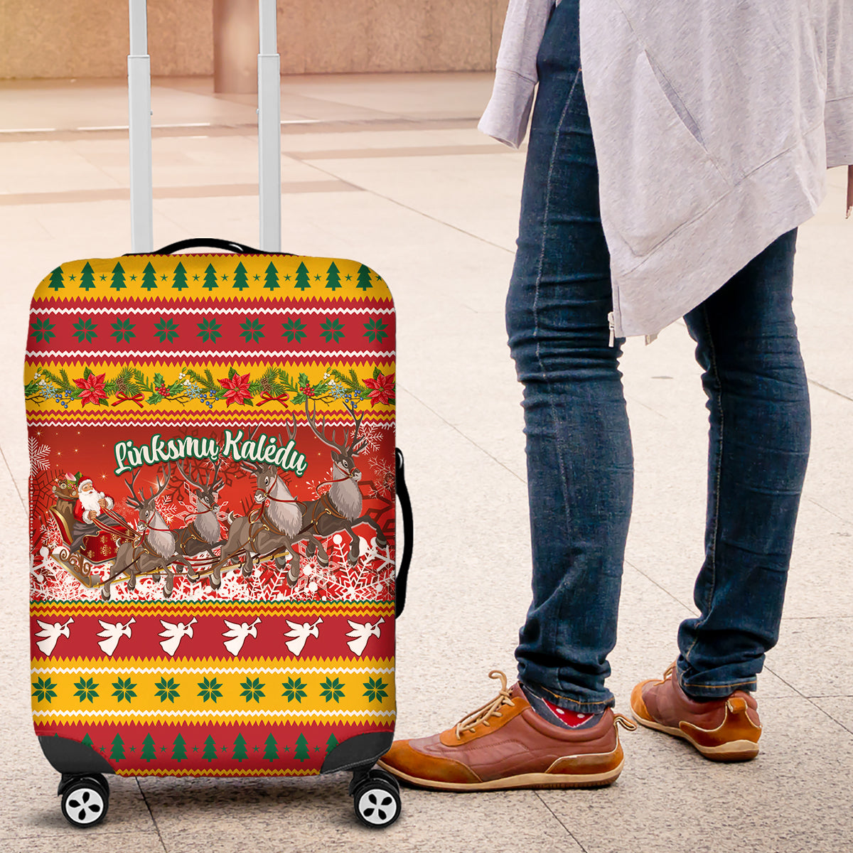 Custom Lithuania Christmas Luggage Cover Lietuva Santa Claus With Reindeer - Wonder Print Shop