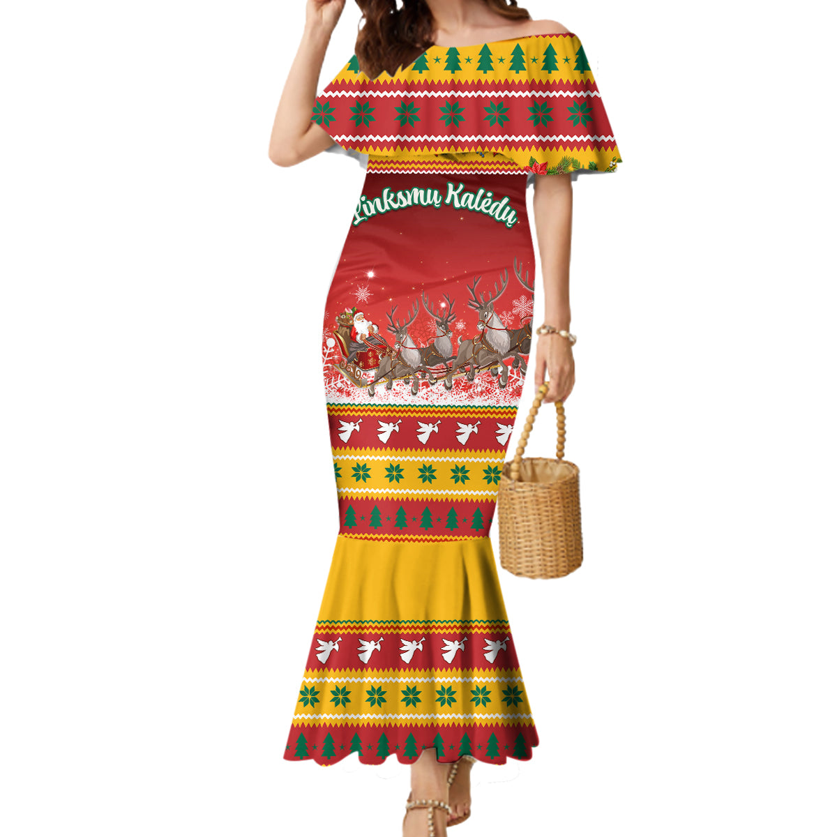Custom Lithuania Christmas Mermaid Dress Lietuva Santa Claus With Reindeer - Wonder Print Shop