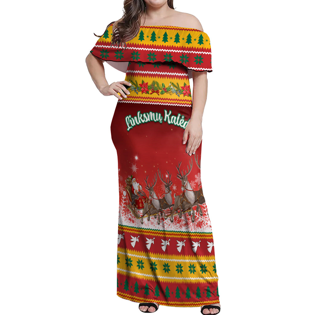 Custom Lithuania Christmas Off Shoulder Maxi Dress Lietuva Santa Claus With Reindeer - Wonder Print Shop