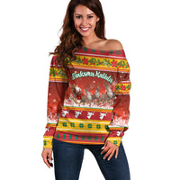 Custom Lithuania Christmas Off Shoulder Sweater Lietuva Santa Claus With Reindeer - Wonder Print Shop