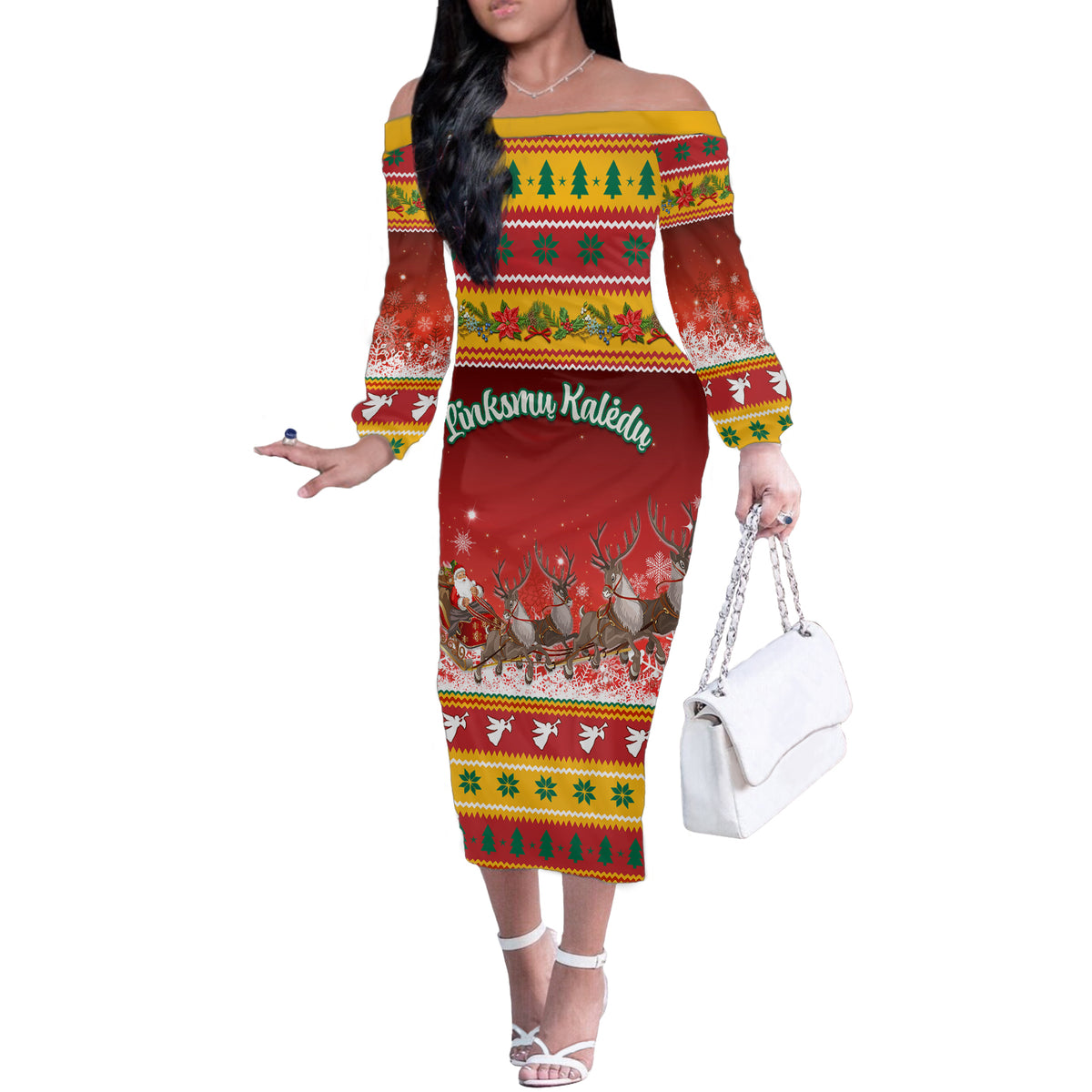 Custom Lithuania Christmas Off The Shoulder Long Sleeve Dress Lietuva Santa Claus With Reindeer - Wonder Print Shop