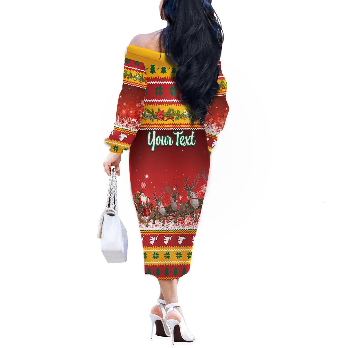 Custom Lithuania Christmas Off The Shoulder Long Sleeve Dress Lietuva Santa Claus With Reindeer - Wonder Print Shop