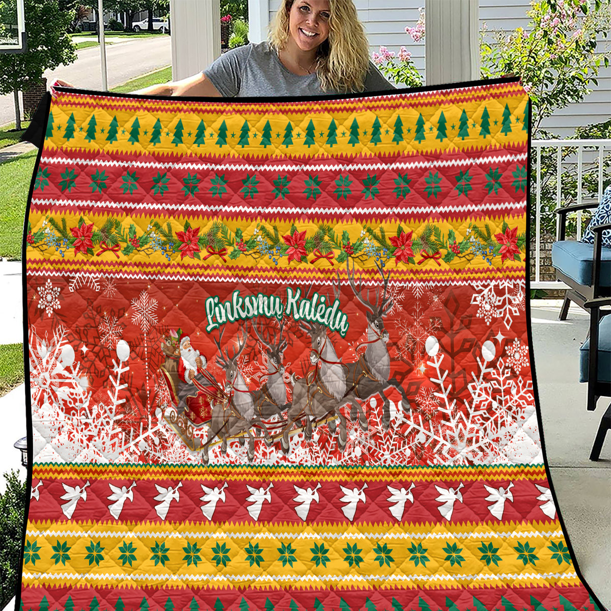 Custom Lithuania Christmas Quilt Lietuva Santa Claus With Reindeer - Wonder Print Shop