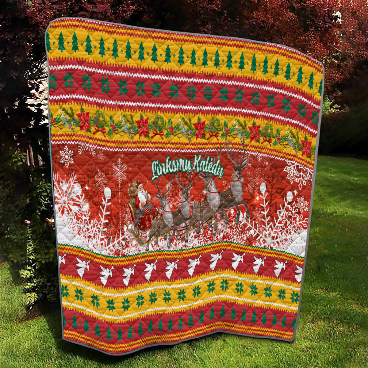 Custom Lithuania Christmas Quilt Lietuva Santa Claus With Reindeer - Wonder Print Shop