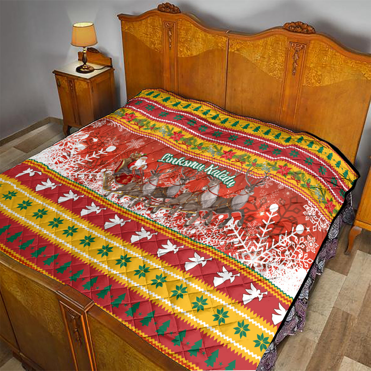 Custom Lithuania Christmas Quilt Lietuva Santa Claus With Reindeer - Wonder Print Shop