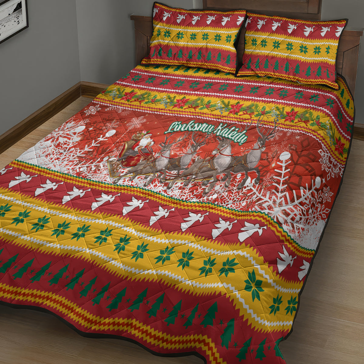Custom Lithuania Christmas Quilt Bed Set Lietuva Santa Claus With Reindeer - Wonder Print Shop