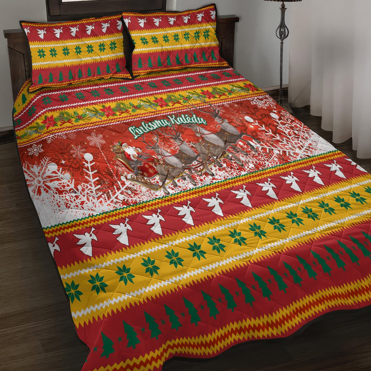 Custom Lithuania Christmas Quilt Bed Set Lietuva Santa Claus With Reindeer - Wonder Print Shop