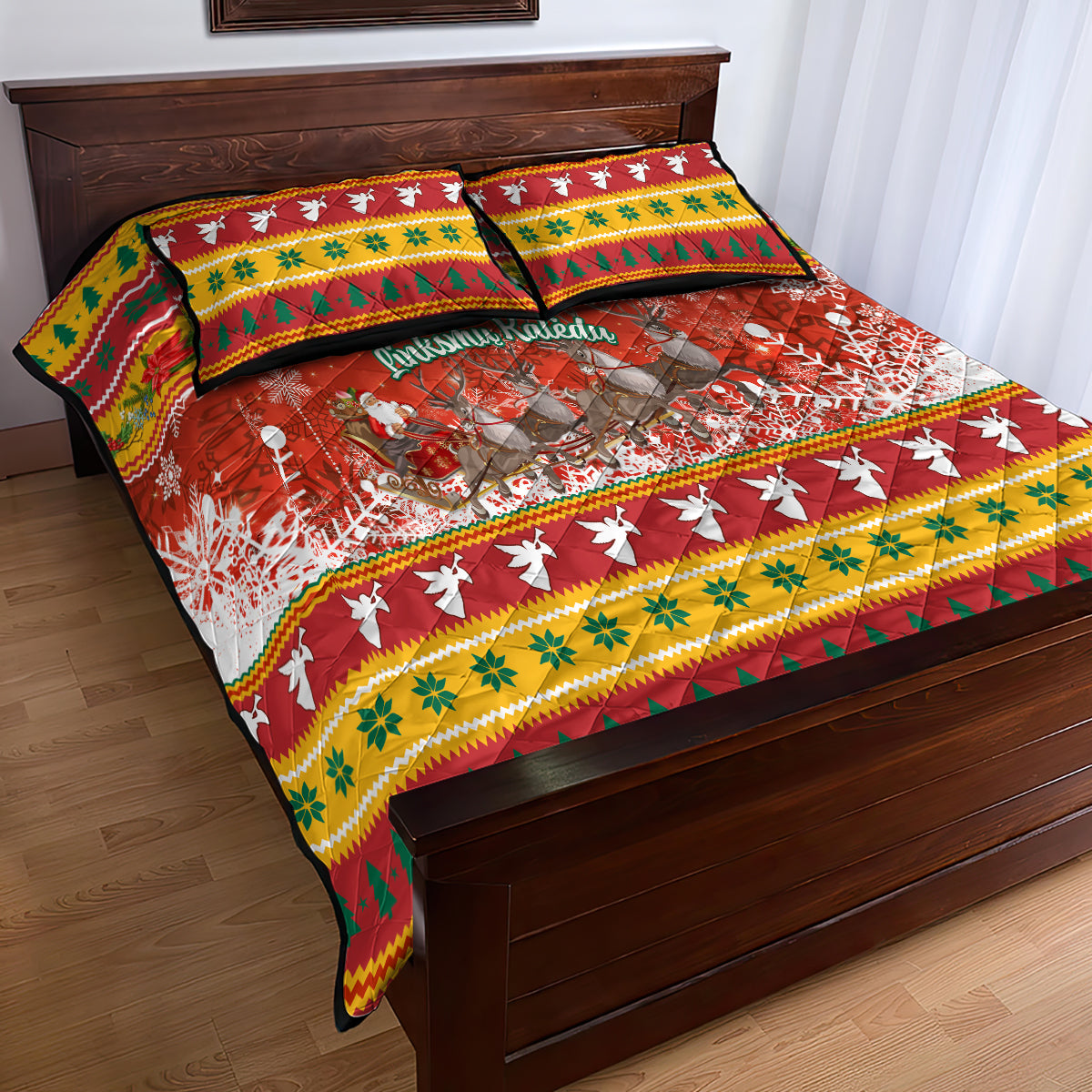 Custom Lithuania Christmas Quilt Bed Set Lietuva Santa Claus With Reindeer - Wonder Print Shop