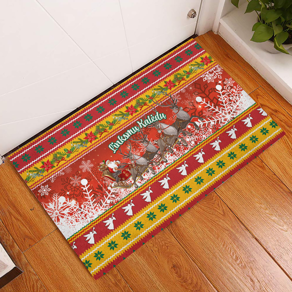 Custom Lithuania Christmas Rubber Doormat Lietuva Santa Claus With Reindeer - Wonder Print Shop