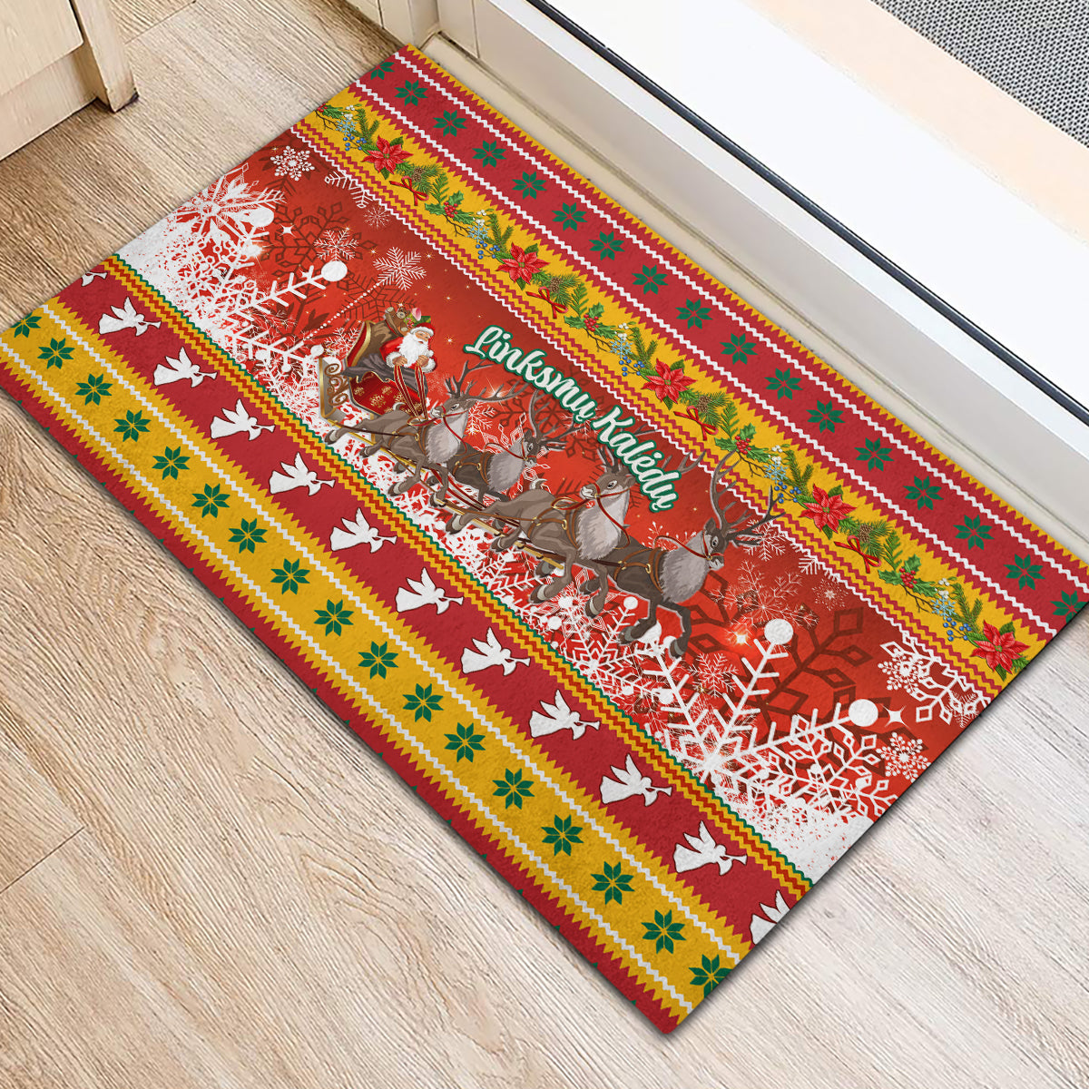 Custom Lithuania Christmas Rubber Doormat Lietuva Santa Claus With Reindeer - Wonder Print Shop