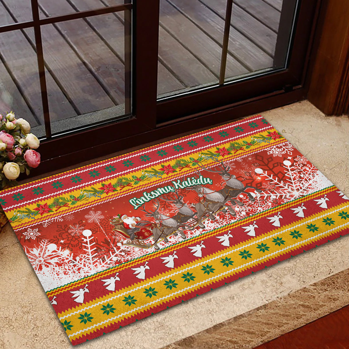 Custom Lithuania Christmas Rubber Doormat Lietuva Santa Claus With Reindeer - Wonder Print Shop