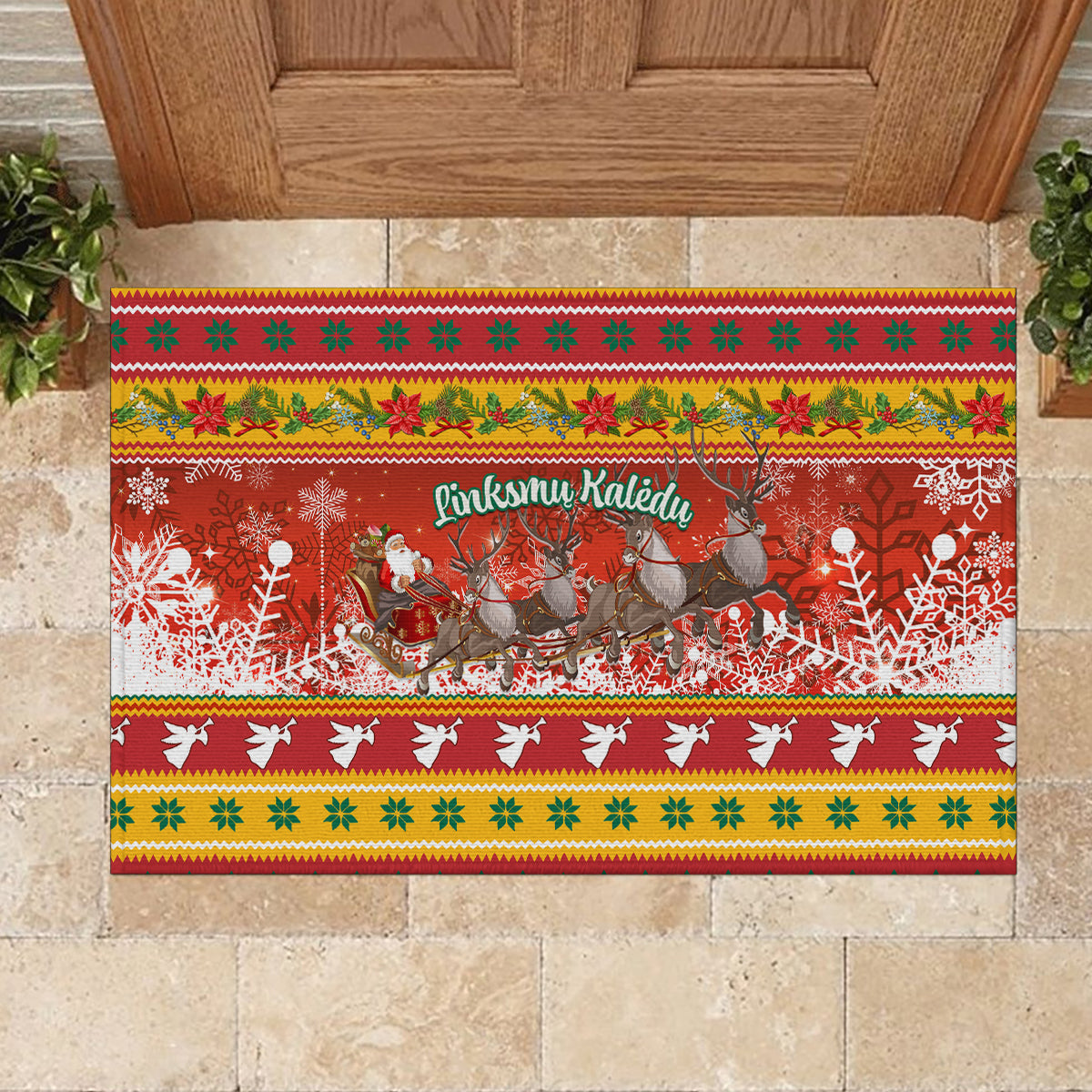 Custom Lithuania Christmas Rubber Doormat Lietuva Santa Claus With Reindeer - Wonder Print Shop
