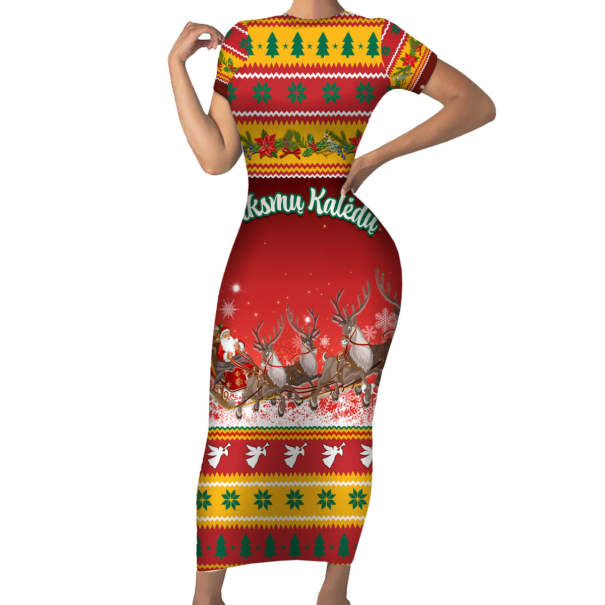 Custom Lithuania Christmas Short Sleeve Bodycon Dress Lietuva Santa Claus With Reindeer - Wonder Print Shop