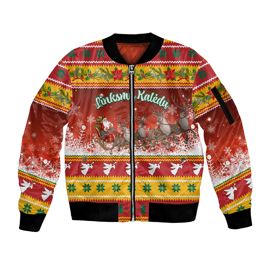 Custom Lithuania Christmas Sleeve Zip Bomber Jacket Lietuva Santa Claus With Reindeer - Wonder Print Shop