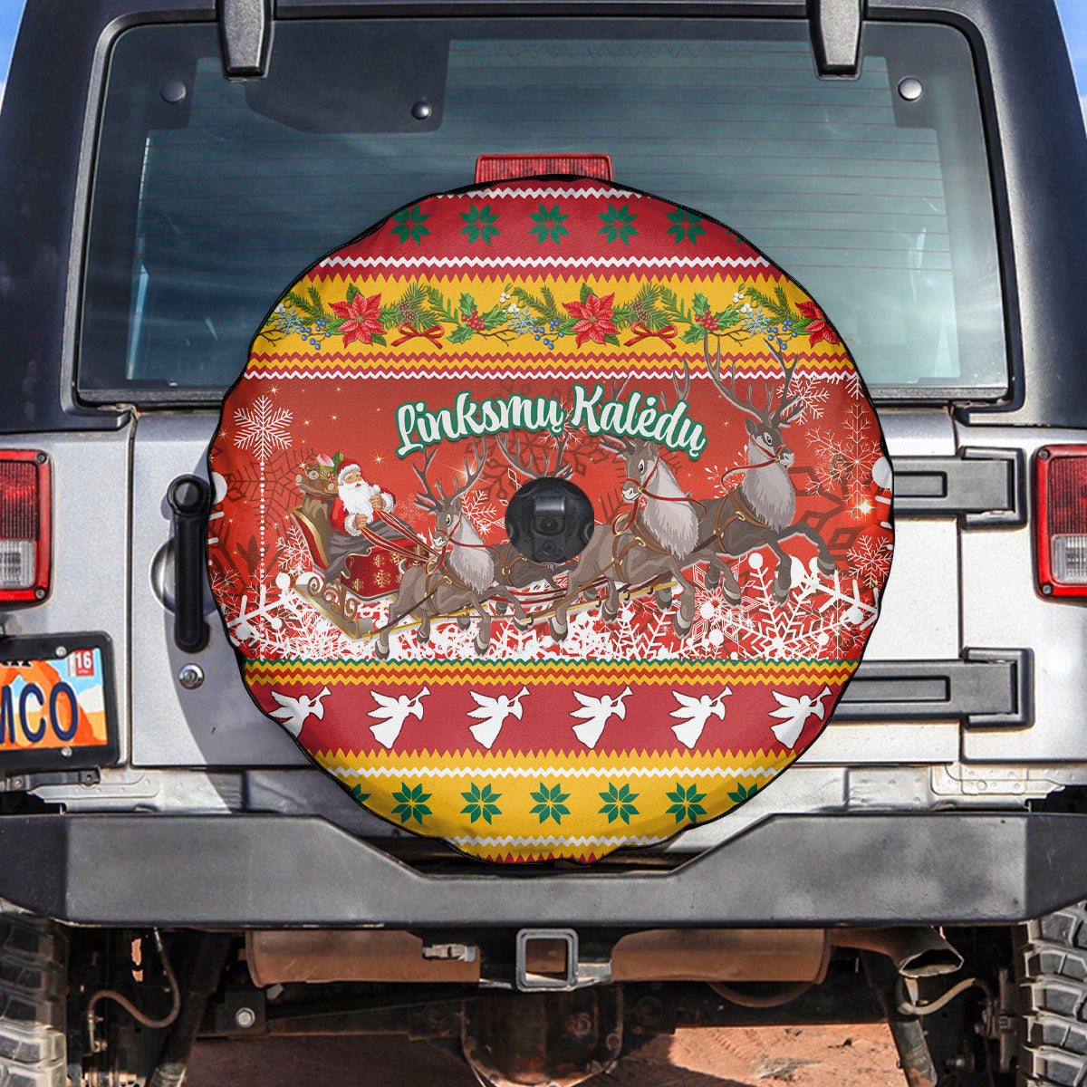 Custom Lithuania Christmas Spare Tire Cover Lietuva Santa Claus With Reindeer - Wonder Print Shop