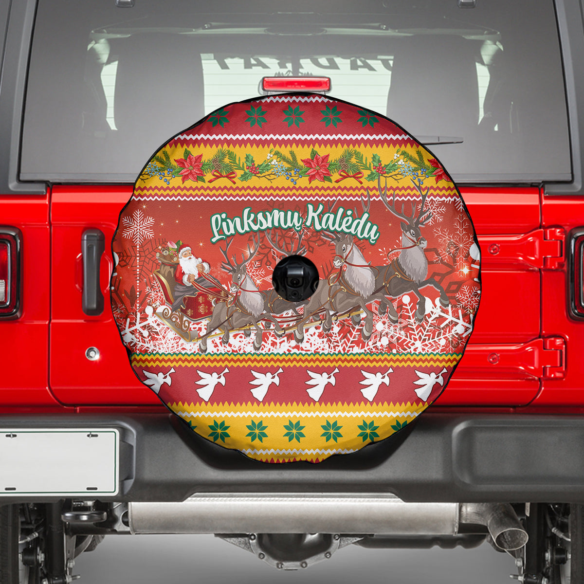 Custom Lithuania Christmas Spare Tire Cover Lietuva Santa Claus With Reindeer - Wonder Print Shop