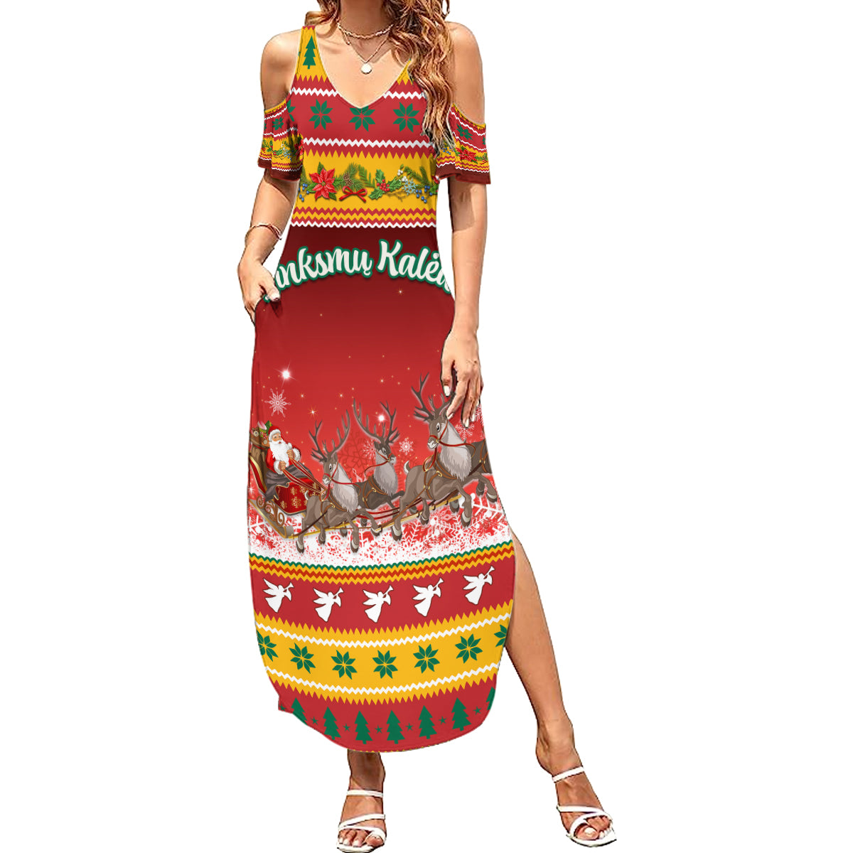 Custom Lithuania Christmas Summer Maxi Dress Lietuva Santa Claus With Reindeer - Wonder Print Shop