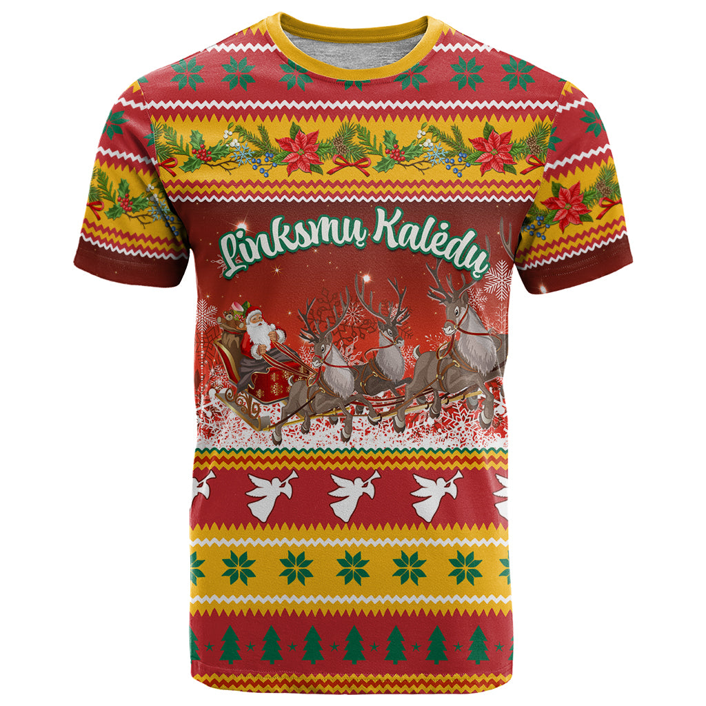 Custom Lithuania Christmas T Shirt Lietuva Santa Claus With Reindeer - Wonder Print Shop