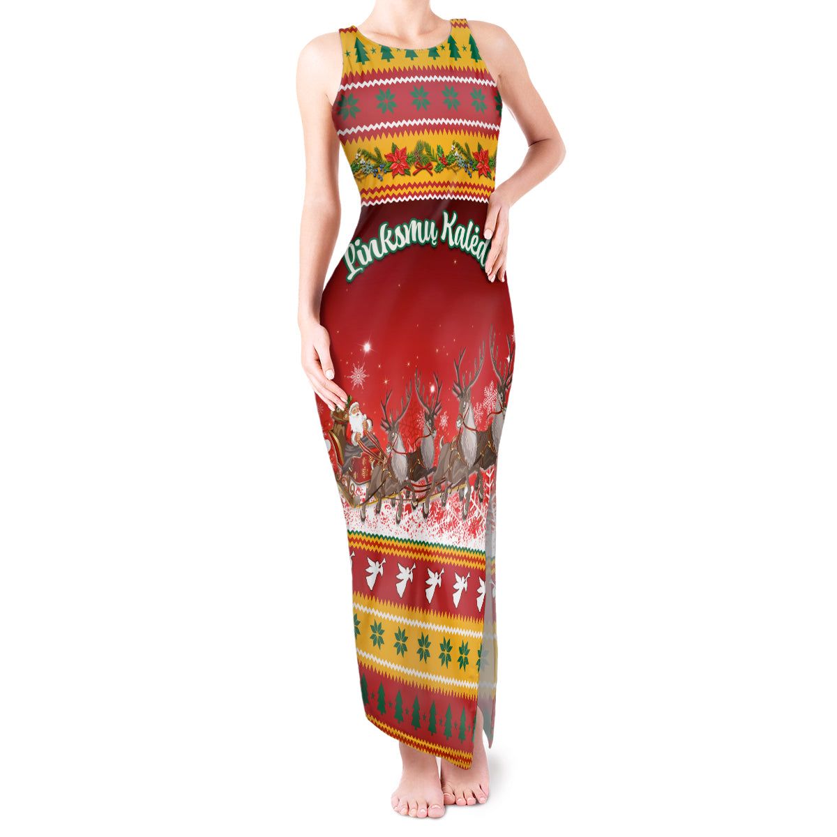 Custom Lithuania Christmas Tank Maxi Dress Lietuva Santa Claus With Reindeer - Wonder Print Shop