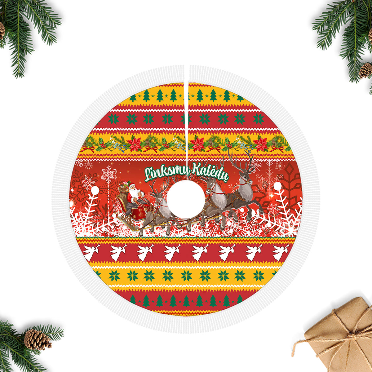 Lithuania Christmas Tree Skirt Lietuva Santa Claus With Reindeer - Wonder Print Shop