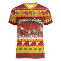 Custom Lithuania Christmas Women V Neck T Shirt Lietuva Santa Claus With Reindeer - Wonder Print Shop
