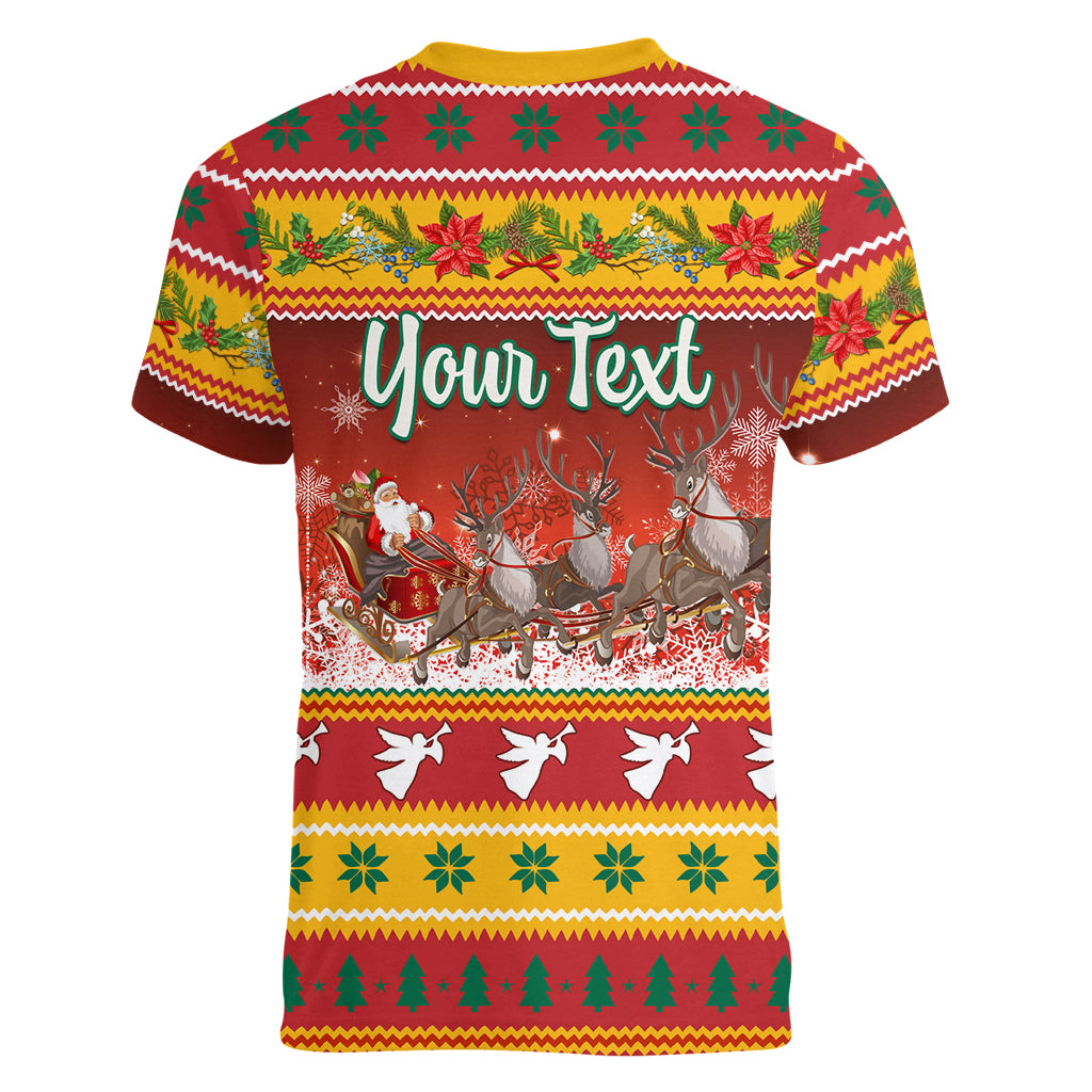 Custom Lithuania Christmas Women V Neck T Shirt Lietuva Santa Claus With Reindeer - Wonder Print Shop