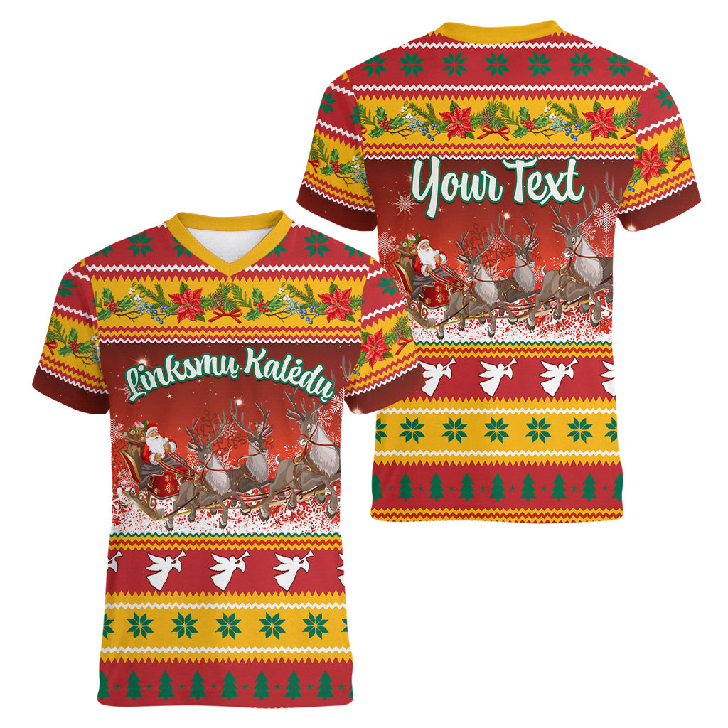 Custom Lithuania Christmas Women V Neck T Shirt Lietuva Santa Claus With Reindeer - Wonder Print Shop