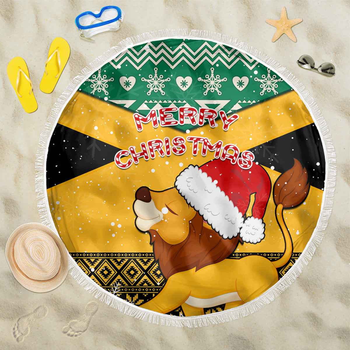 Custom Jamaica Christmas Beach Blanket Jumieka Santa Lion - Wonder Print Shop