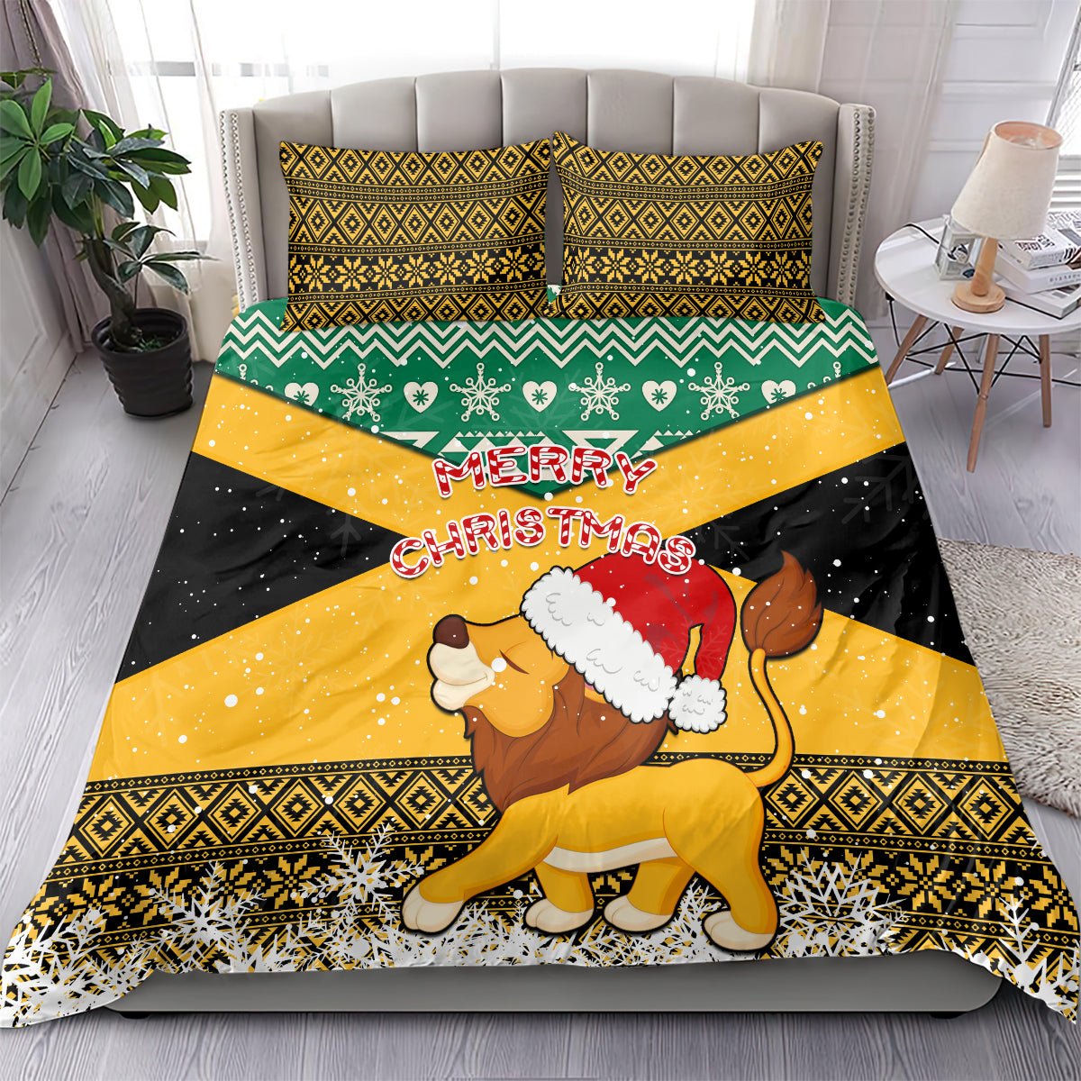 Custom Jamaica Christmas Bedding Set Jumieka Santa Lion - Wonder Print Shop