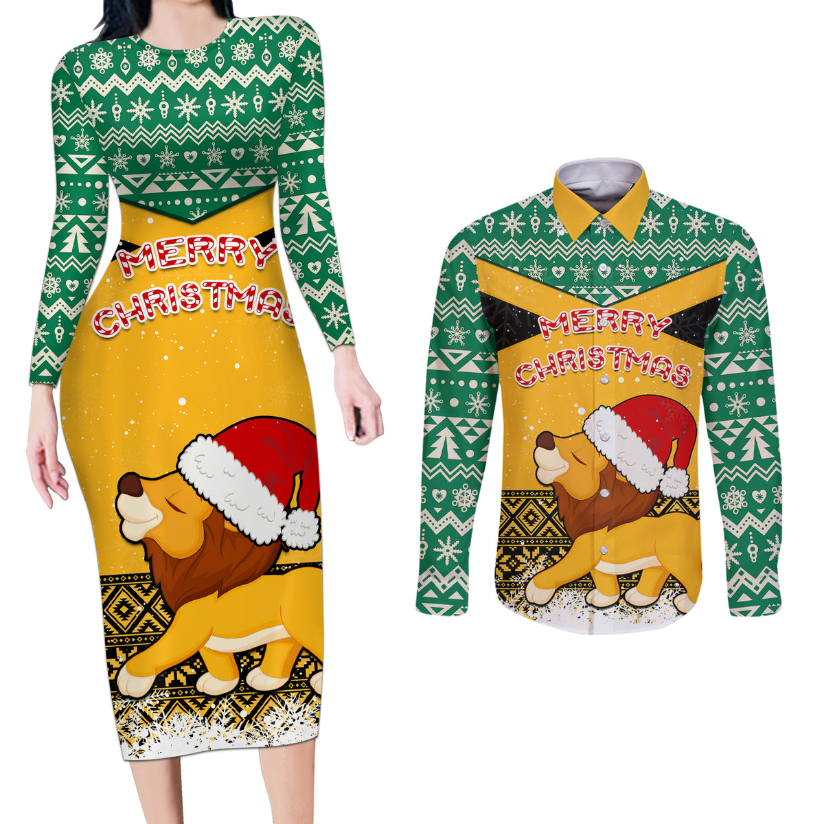 Custom Jamaica Christmas Couples Matching Long Sleeve Bodycon Dress and Long Sleeve Button Shirt Jumieka Santa Lion - Wonder Print Shop