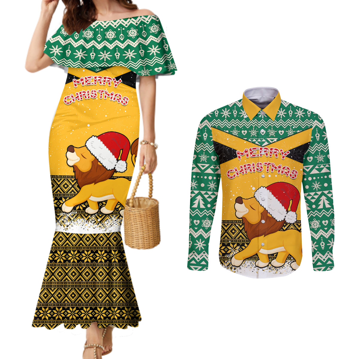 custom-jamaica-christmas-couples-matching-mermaid-dress-and-long-sleeve-button-shirt-jumieka-santa-lion