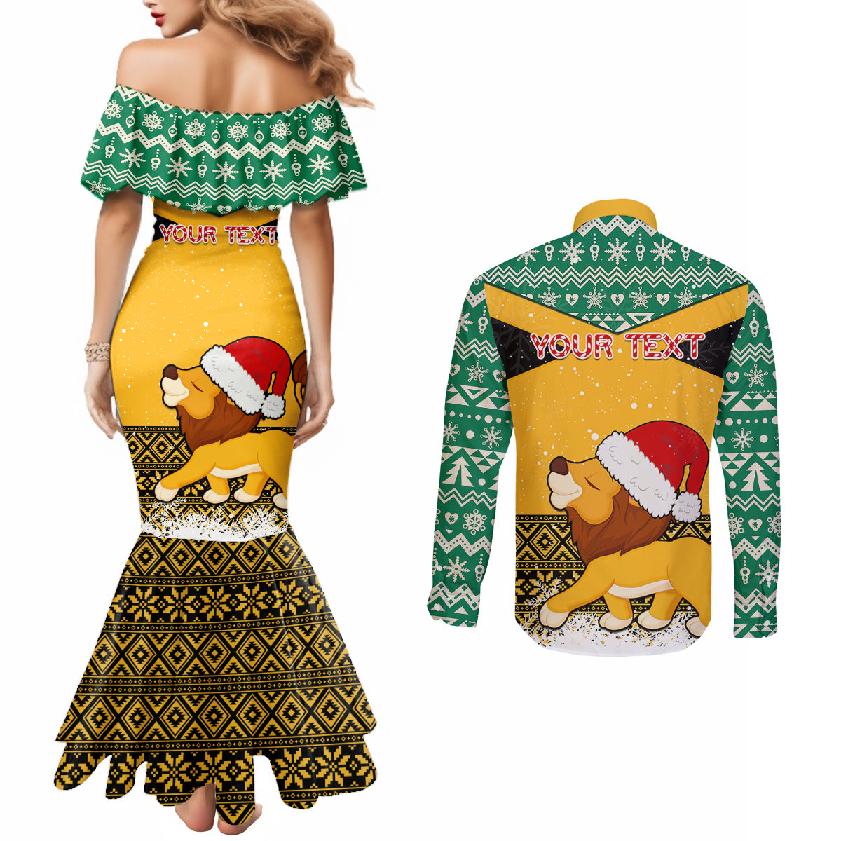 custom-jamaica-christmas-couples-matching-mermaid-dress-and-long-sleeve-button-shirt-jumieka-santa-lion