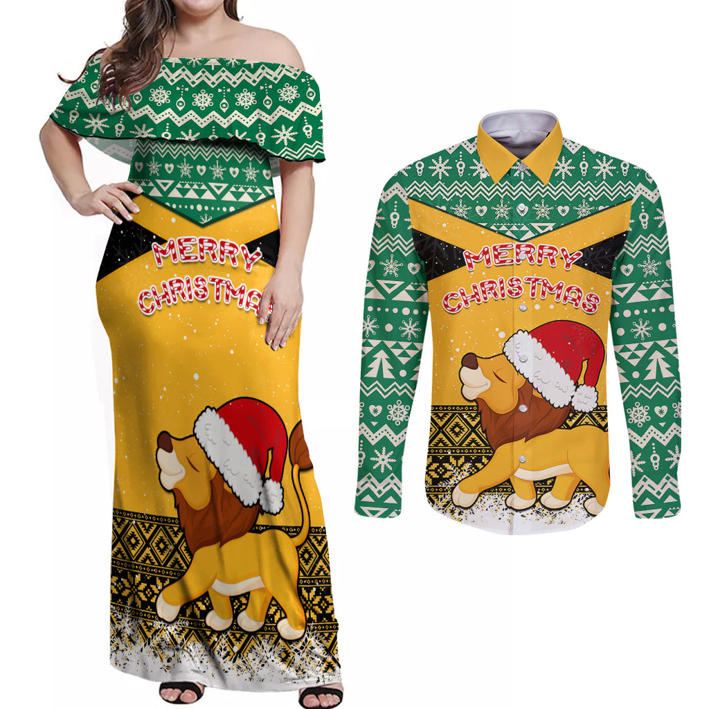 Custom Jamaica Christmas Couples Matching Off Shoulder Maxi Dress and Long Sleeve Button Shirt Jumieka Santa Lion - Wonder Print Shop